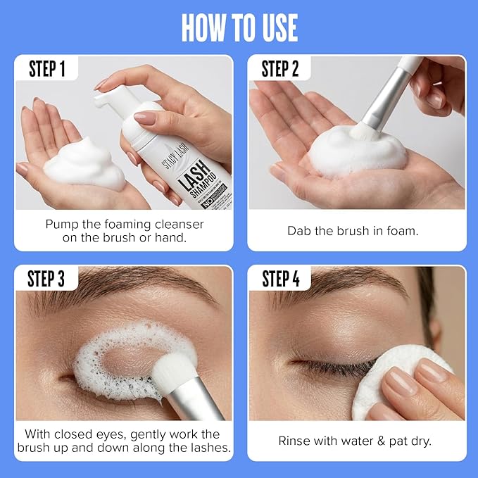 STACY LASH Eyelash Extension Shampoo + Brush / 1.69 fl.oz / 50ml / Eyelid Foaming Cleanser/Wash for Extensions & Natural Lashes/Safe Makeup Remover/Supplies for Professional & Home Use