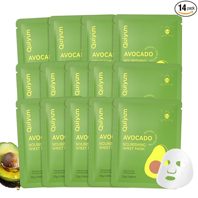QUIYUM 14 Pack Avocado Sheet Mask - Hydrating Facial Masks for All Skin Types, Skincare Set, Spa Gift for Women & Teens