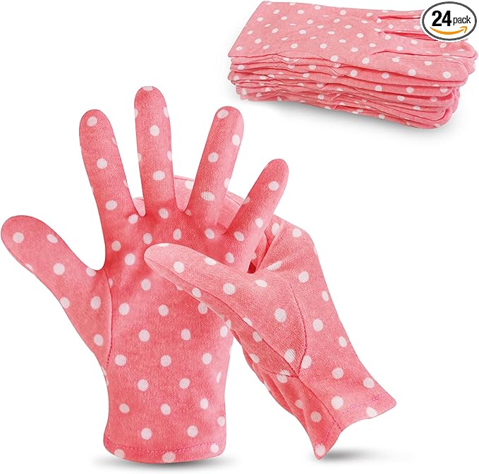 HandLove Premium 100% Cotton Gloves | Moisturizing Gloves for Dry Hands | Overnight Sleeping & Eczema | Cute Pink Dots, 12 Pairs