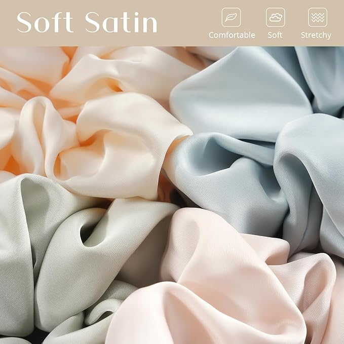 Lolalet Big Satin Scrunchies for Women, 5.9 Inch Large Oversized Scrunchie, Soft Jumbo/Giant Scrunchies Hair Ties for Thick & Curly Hair -4 Pack, Cream/Light Blue/Green/Beige