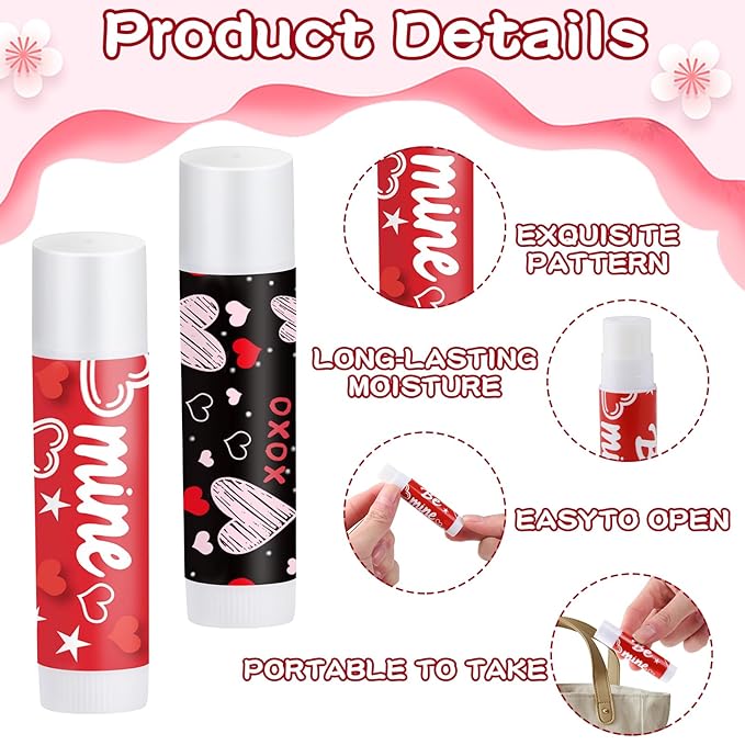 50 Set Valentines Party Favors Galentines Day Gifts Valentine Lip Balms Gloss Bulk for Women 6 Assorted Flavors Chapstick with Organza Bags and Cards for Wedding Bridal Shower Birthday
