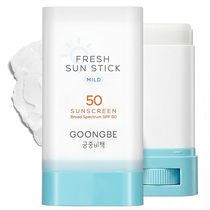 GOONGBE Fresh Sun Stick Mild SPF 50 - No White Cast Zinc Oxide Mineral Sunscreen Stick Balm - Non Greasy Soft Matte Finish - Travel Friendly for Babies, Kids & Adults - Vegan, Reef-Safe, 0.49oz.