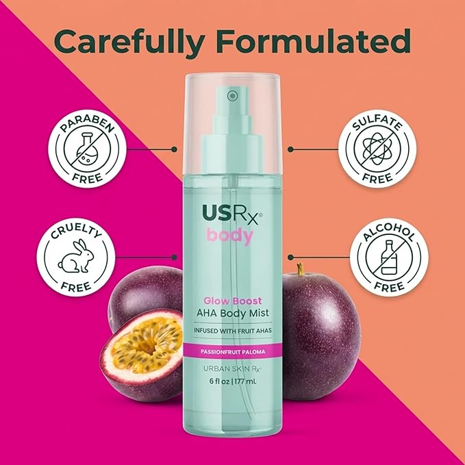 Urban Skin Rx Glow Boost AHA Body Mist, Helps Smooth, Gently Exfoliate, and Boost Radiance, Mood-Boosting Scent, Hydrate, Soothe, and Refresh, Non-Greasy, Fast-Absorbing, Passionfruit Paloma, 6 Fl Oz