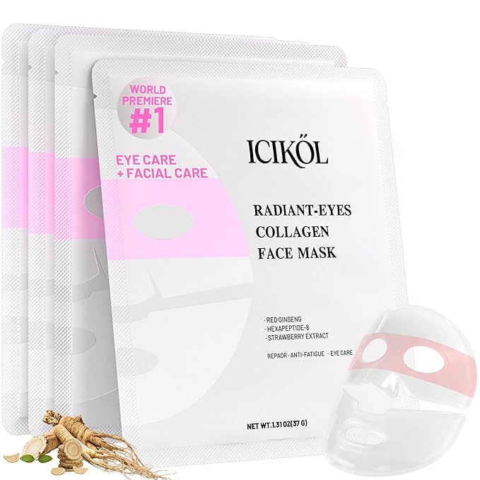 2-in-1 Collagen Face Mask with Integrated Eye Patches, Anti-Aging Overnight Hydrogel Mask for Glass Skin Glow, Red Ginseng & Peptides for Firming & Hydration, 4 Sheets (Pink)
