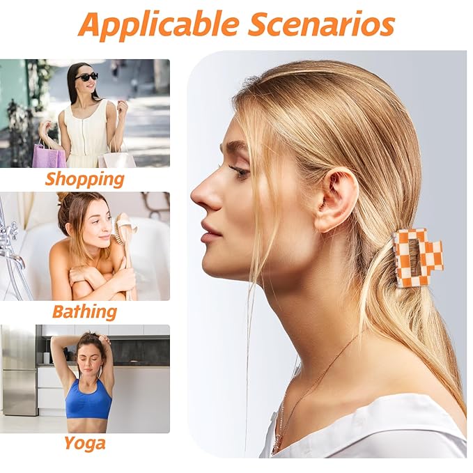 4Pcs Checkered Hair Claw Clips, Non-Slip Hair Jaw Clips for Thick, Thin, Curly, Straight, Long Hair, Simple Style Orange and White Square Claw Clips, Women's Hair Accessories