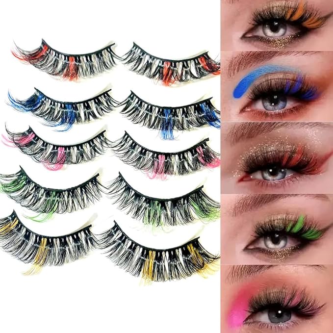 Sunniess Ombre Colored Lashes Silk Protein Fluffy Wispy Volume Fake Lashes for Halloweens Cosplay Party Stage Russian D Curl Lashes with Color Make up Faux Mink False Eyelashes