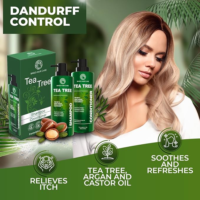 Tea Tree Shampoo and Conditioner Set - Sulfate Free, Anti Dandruff Hair Care for Men and Women - Cleansing Formula for Itchy Scalp and Oil Control - 14 Fl Oz (Set of 2)