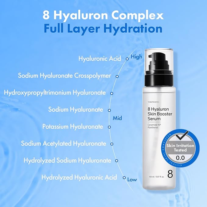 TOSOWOONG 8 Hyaluron Skin Booster Serum for Face with Niacinamide, Glycerin, Panthenol, Hydration Boosting Facial Essence, Plumper Skin, Glass Skin, All Skin Types, Korean Skincare, 150ml/5.07 fl. oz.