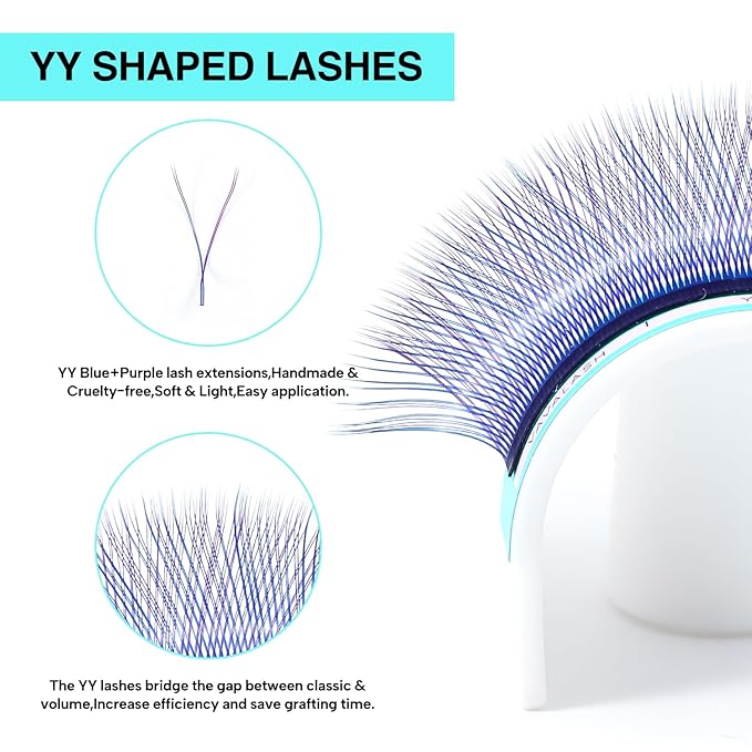 VAVALASH YY Lash Extensions Blue + Purple Color Tray Easy Premade Volume 2D Fans Eyelash Extension YY Type Natural Volume Lashes Extension Soft Matte Black Lashes (Blue + Purple-YY-0.07-C-8-15mm)