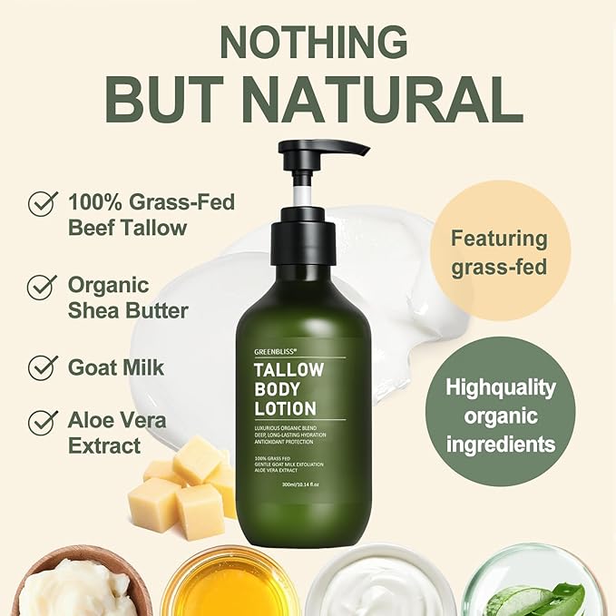 Beef Tallow Body Lotion for Skin, Grass-Fed Daily Moisturizing Cream for Dry, Mature & Crepey Skin, Face & Body – Pure & Organic Moisturizer with Jojoba Oil, Vitamin E (10.14 Fl Oz, Vanilla)