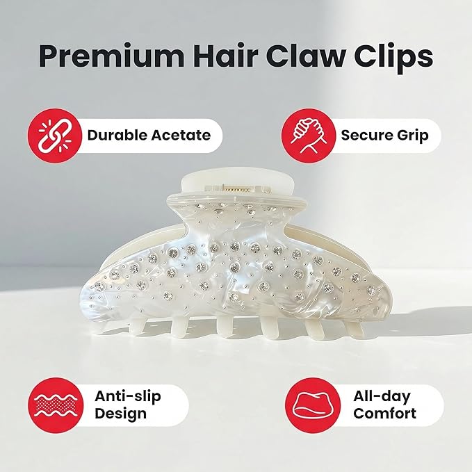 Durable Acetate Hair Clips - 4-Inch Shiny White Claw Clips for Fine and Thick Hair (Shiny White)