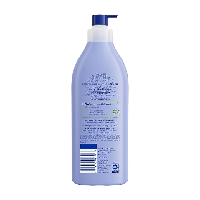 NIVEA Oil Infused Cherry Blossom and Jojoba Oil Body Lotion for Women, Fast-Absorbing and Non-Greasy Cherry Blossom Scented Lotion Moisturizes for 48 Hours, 16.9 Fl Oz Pump Bottle