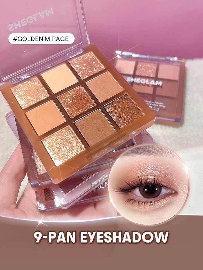 SHEGLAM Eyeshadow Palette 9-Color Ultra-pigmented Shimmer & Matte Shades, Vegan & Cruelty-free-Golden Mirage