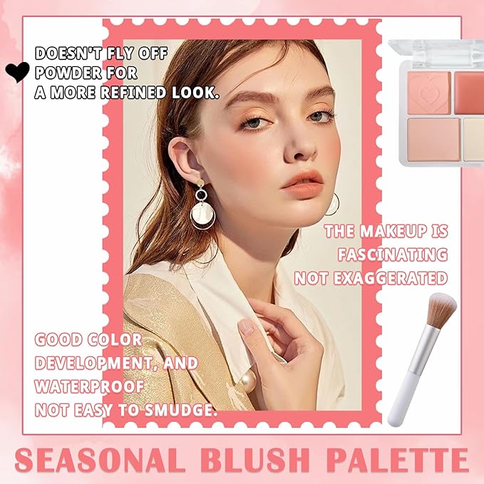 3Pcs 4 Colors Blush Palette for Cheeks with Make Up Brush, Face Matte Contour Blush Makeup Palette, Buildable Shimmer Facial Cheek Blusher Shades, Blendable Cosmetic Makeup Blush