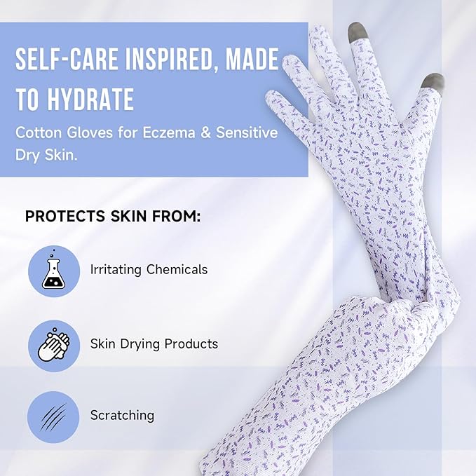 HandLove Premium 100% Cotton Gloves | Moisturizing Gloves for Dry Hands | Overnight Sleeping & Eczema | Touchscreen Friendly | Extended Wrist White Gloves & Lavender Dots, 2Pairs