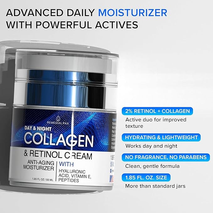 Collagen Face Cream with Retinol & Hyaluronic Acid - Anti Aging Moisturizer for Women & Men, Firming Day & Night Cream for Wrinkles, Hydrating Facial Lotion for All Skin Types