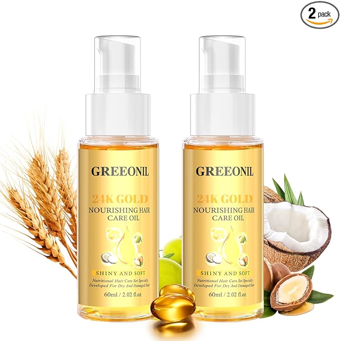 GREEONIL Hair Oil with Argan Oil, Coconut Oil, Olive Oil, Vitamin E for Nourish Hair, Smooth Frizz, Add Shine, Hair Treatment Oil for Women Men Frizzy Damaged Fine Curly Hair, Leave-in, 2Pack