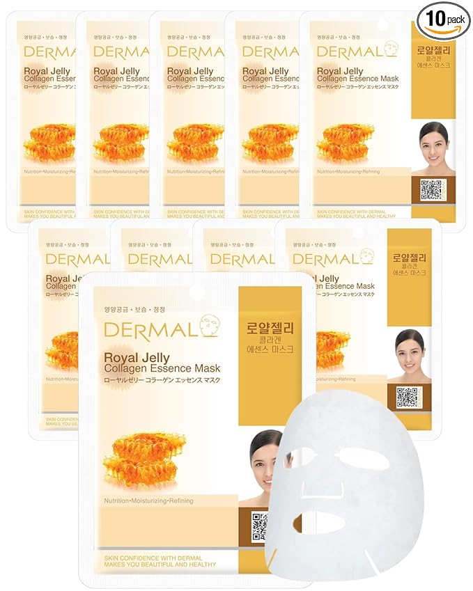 DERMAL Royal Jelly Collagen Essence Korean Facial Mask Sheet Pack of 10 - Intensive Moisture Therapy for Stress-Relief and Skin Elasticity - Hypoallergenic Skin Friendly Sheet