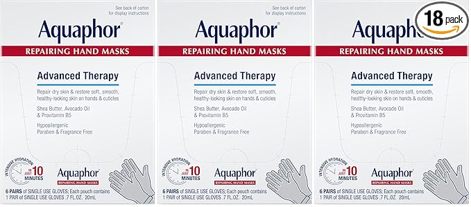 Aquaphor Repairing Hand Masks, Moisturizing Gloves for Dry Hands, Moisturizer for Dry Skin with Avocado Oil and Shea Butter, Pack of 18