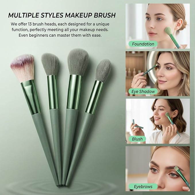 10 Sets Makeup Brushes with 13 Travel-Size Brushes & Pouch, Professional Mini Face Brush Set for Daily Makeup, Parties, Travel(10pc,green)