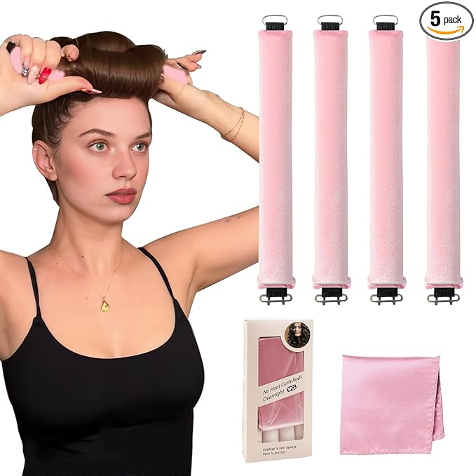 Heatless Curls Overnight, 5 Pcs Heatless Hair Curlers to Sleep in Soft Overnight Blowout Rods No Heat Hair Rollers Curling Rods for Women Blowout Look Long Hair - Pink