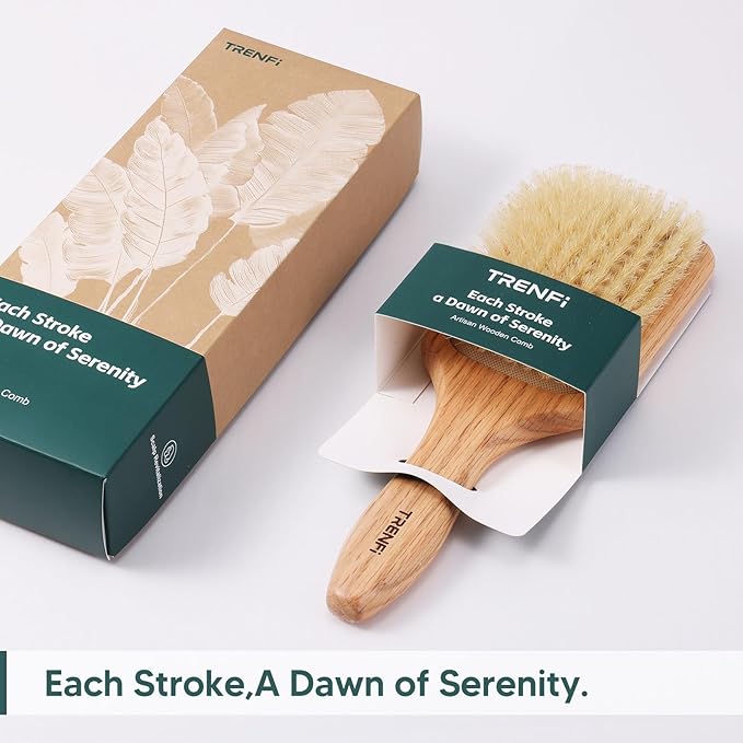 100% Boar Bristle Hair Brush - Soft Natural Bristle Wooden Paddle Brush for Fine Thin Hair, Distributes Scalp Oils for Smooth Shine, Solid Red Oak Handle for Women Men