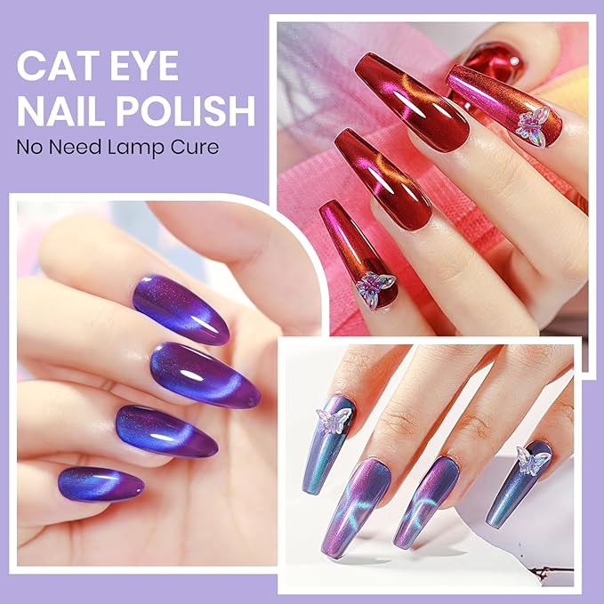 Cat Eye Nail Polish Set, Quick Dry Magnetic Nail Polish Non Gel with Magnet, Multi-Color Holographic Glitter Cateye Nail Lacquer High Glossy DIY Salon Gift for Women Girl