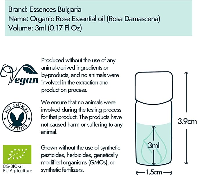 Essences Bulgaria Organic Rose Essential Oil 0,1 Fl Oz | 3ml | Rosa Damascena | 100% Pure and Natural | Undiluted | Therapeutic Grade | Family Owned Farm | Steam-Distilled | Non-GMO | Vegan