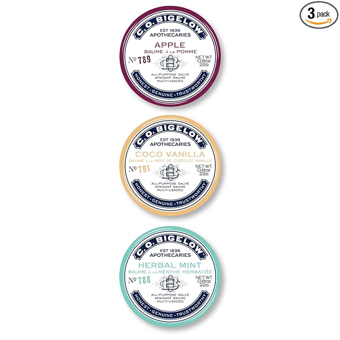 C.O. Bigelow Assorted Salve Tins, Pack of 3 Lip Balm Tins, Coco Vanilla, Apple, and Herbal Mint All Purpose Salve for Lips, Cuticles, Hands & Dry Skin, Lip Balm Set, 0.8 oz