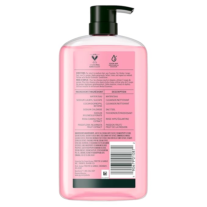 Herbal Essences Shampoo, Rose Hips + Passionfruit - Smooth Collection, Shiny Hair with Vitamin E & Jojoba, Safe for Color Treated Hair, Floral Scent, Cruelty-Free, Dermatologist-Tested, 29.2 Fl Oz
