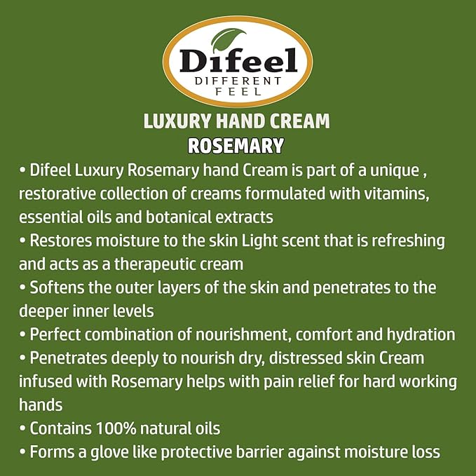 Difeel Hand Cream with Rosemary 100% Pure Natural Oils and Vitamin E 1.4 ounce