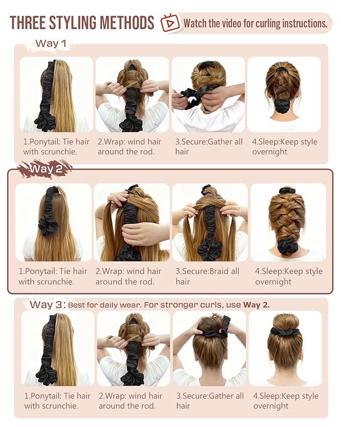 BONNET QUEEN Multi-function Satin Heatless Hair Curler & Hair Tie Non-Heating Hair Roller Curling Rod with Scrunchie, Large, Black(For Big Curls)