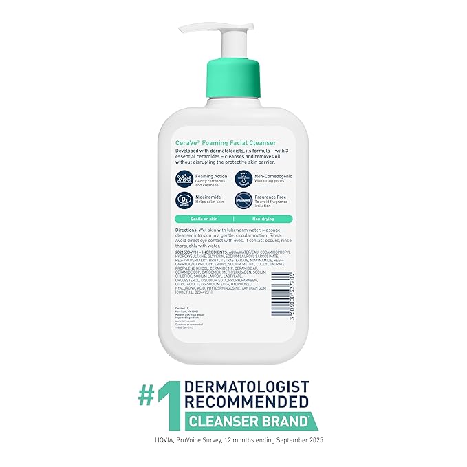 CeraVe Foaming Facial Cleanser, Daily Face Wash for Oily Skin, Hyaluronic Acid + Ceramides + Niacinamide, Fragrance Free, Non-Drying Oil Control Face Wash, 16 Fluid Ounces