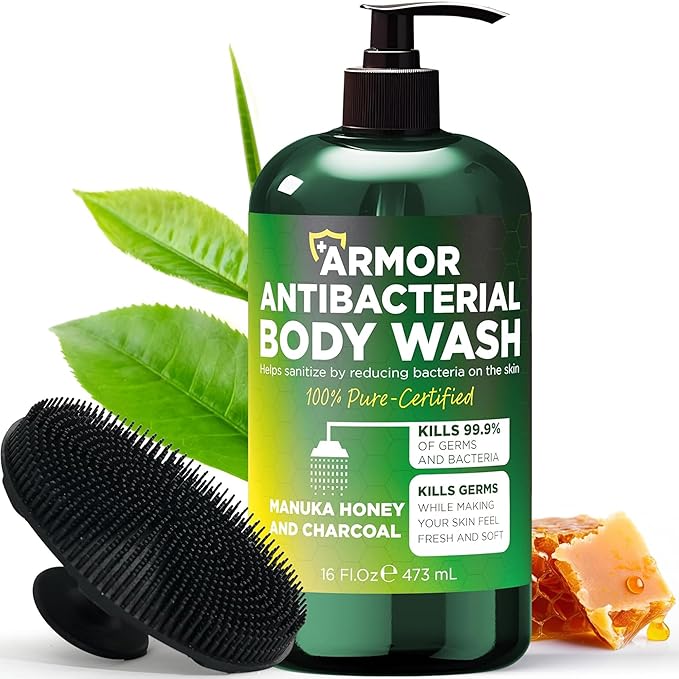 Antibacterial Body Wash | Antibacterial Soap for Men & Women | Kills 99.9% of Germs & Bacteria | Helps with Back Acne, Body Odor & Skin Irritation | Manuka Honey & Charcoal | Includes Scrubber16 fl oz