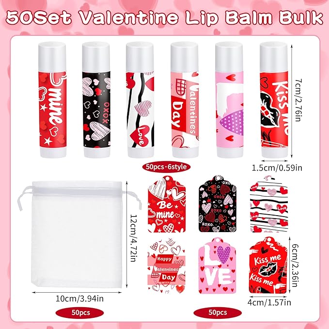 50 Set Valentines Party Favors Galentines Day Gifts Valentine Lip Balms Gloss Bulk for Women 6 Assorted Flavors Chapstick with Organza Bags and Cards for Wedding Bridal Shower Birthday