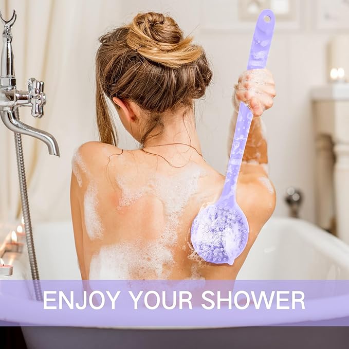 Sunnyray 2 Pack Silicone Back Scrubber for Shower with 15" Long Handle Double-Sided Bath Body Brush for Exfoliating Easy to Clean Quick Dry Deep Cleaning Lathers Well(Purple)