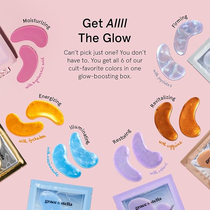 grace & stella Under Eye Mask Variety Pack - 18 Pairs of Under Eye Patches for Dark Circles - With 6 Colors (3 Pairs/Color) - Gift Basket for Women - Gel Masks Puffy Eyes for Women, Vegan