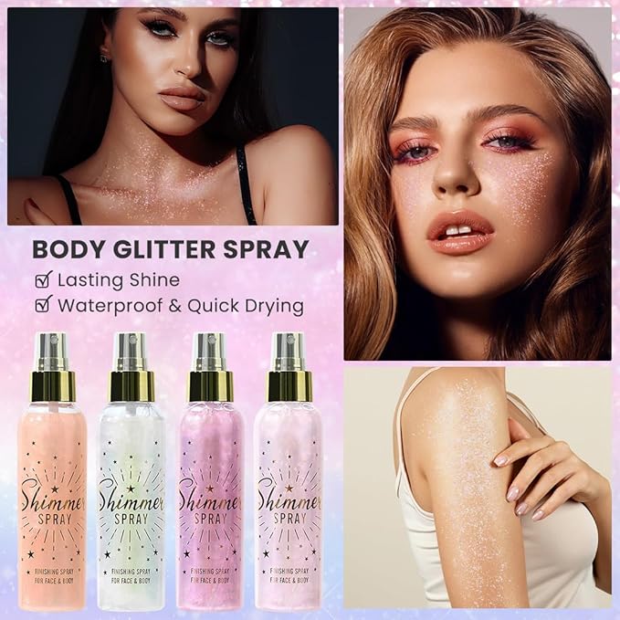 Glitter Spray for Hair and Body, Glitter Body Spray, Glitter Spray for Clothes, Quick-Drying Waterproofing Body Shimmer Suitable for Festival Rave 3.72fl Oz (Purple, 3.72 fl oz)