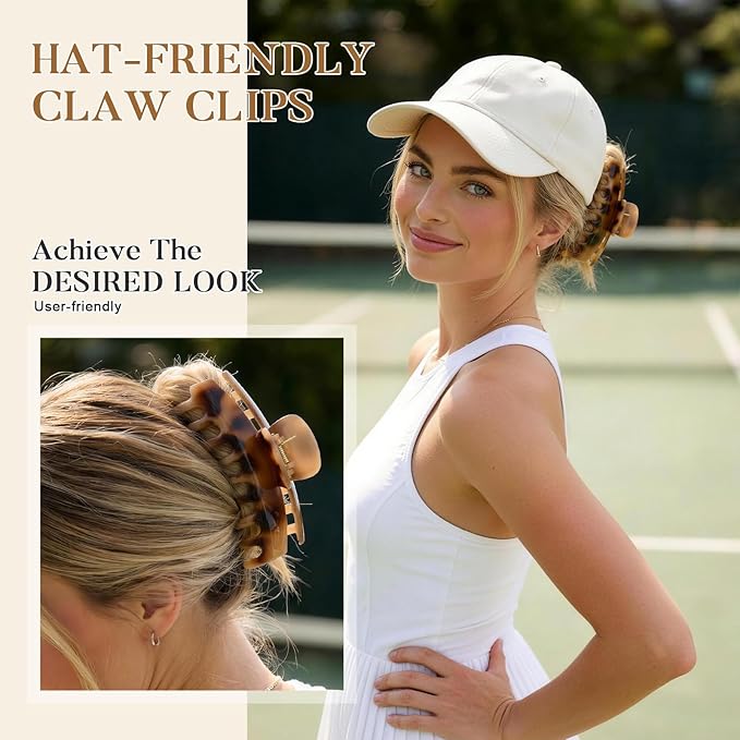 6 Pcs Hat Claw Clip for Women, Hat-Friendly Claw Clips for Trucker Hat & Baseball Cap - 4.3 Inch Large Tortoise Hat Claw Clip for Medium/Thick Hair, Non-Slip Trucker Hat Hair Clips Accessories