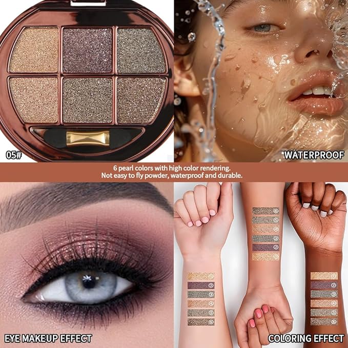 Warm Gold Brown Shimmer Eyeshadow Palette, 6 Color High Pigment Blendable Glitter Eye Shadow Makeup for Older Women, Lightweight Travel Friendly, Suitable for All Eye Shapes Glam Highlight Look 05#