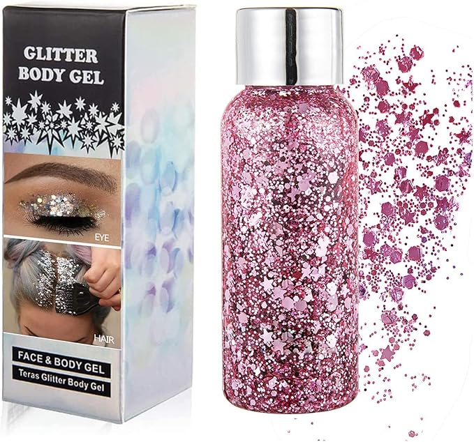 Body Glitter Gel, Mardi Gras Chunky Face Glitter Mermaid Sequins, Sparkly Hair Glitter,Singer Concert Festival Rave Accessories, Halloween Body Painting (#03 Pink)