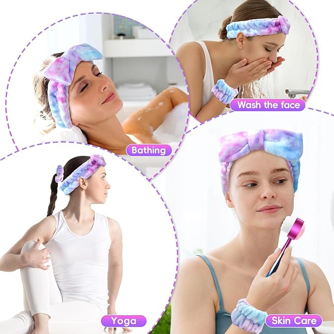 my novel things Facial Cleansing Brush, Headband for Washing Face with Silicone Double Side Manual Face Scrubber Brush, Skincare Headband and Wristband Set, 2 Hair Scrunchie, for Makeup Rainbow