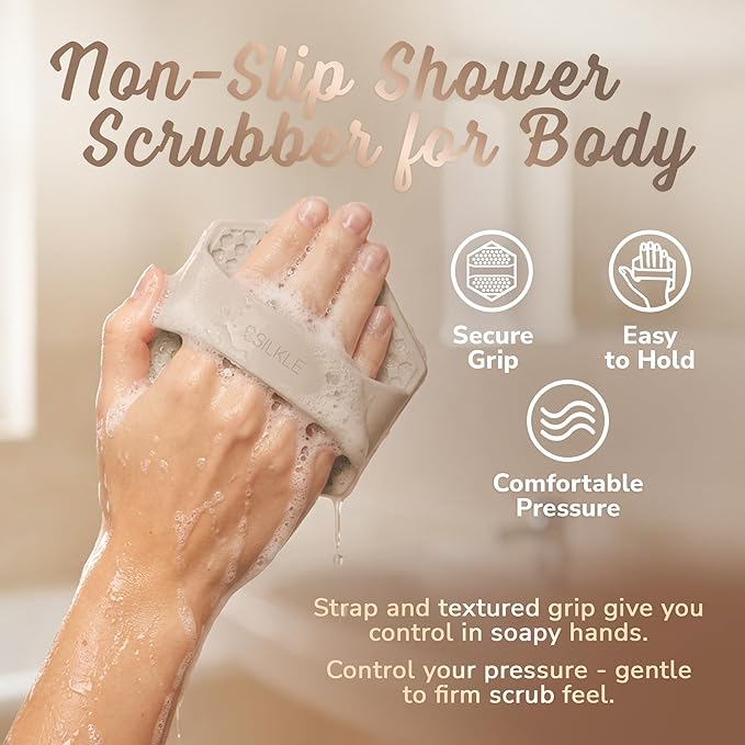 SILKLE Silicone Body Scrubber – Gentle Exfoliating Shower Scrubber for Body & Bath, Silicone Shower Brush & Loofah Alternative – Non-Slip Silicone Body Brush, Quick Dry, Hygienic - Clay