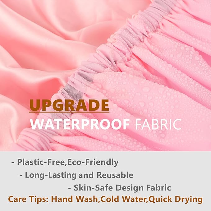 Adjustable Shower Caps for Women Reusable Waterproof Satin Lining Large Shower Cap for Women and Men Long Hair Braids Curly Hair (L,Pink/Pink)