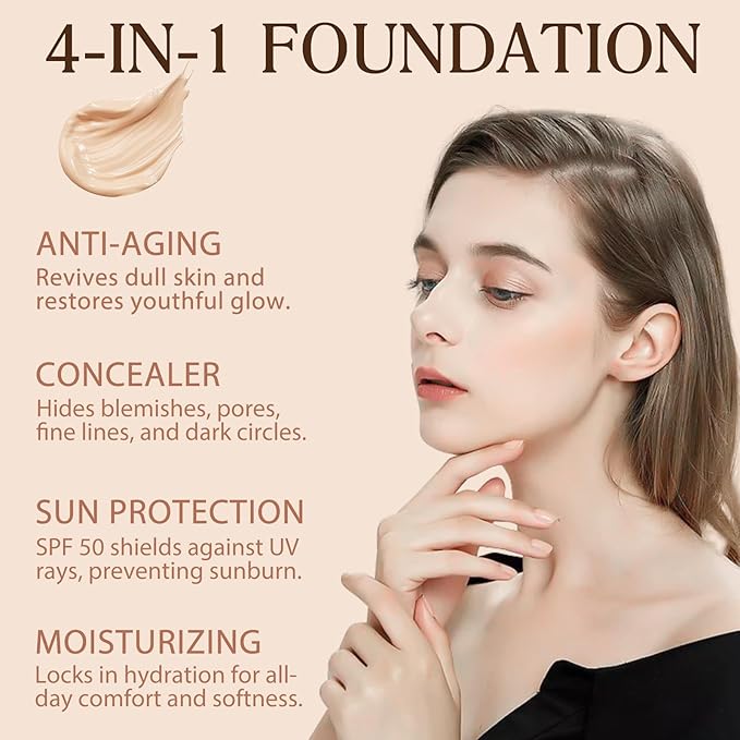 Foundation 4 in 1, Medium Spectrum with SPF 50+, Longwearing & Waterproof, Hydrating Color Changing Foundation, Non-Greasy,Long Lasting, Great for all skin types, 30ml