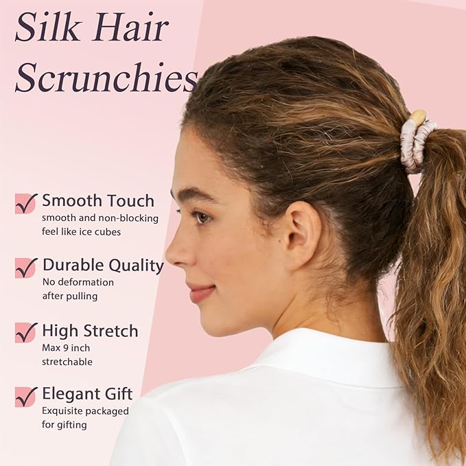 Silk Satin Hair Scrunchies for Women, 8 Pack Pink, No Crease, Frizz Control & Hair Breakage Reduction, Soft Hair Ties for All Hair Types, Elastic Hair Accessories for Daily Wear & Gift