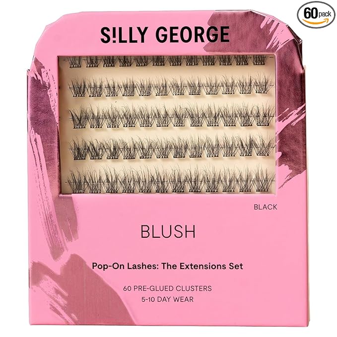 Silly George Pop-On Lashes - DIY 1-Step Pre-Glued Faux Eyelash Clusters, Natural Look Extensions, Black - Blush, 5-7 Pair Set, Pack of 60 Clusters