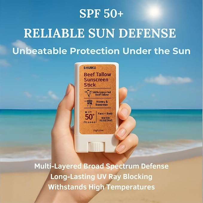 Beef Tallow Sunscreen Organic Stick SPF 50 – Non Nano Zinc Oxide Tallow-Based Mineral Sunscreen with Honey & Beeswax for Face & Body, Water-Resistant Natural Sunblock, 0.53 oz