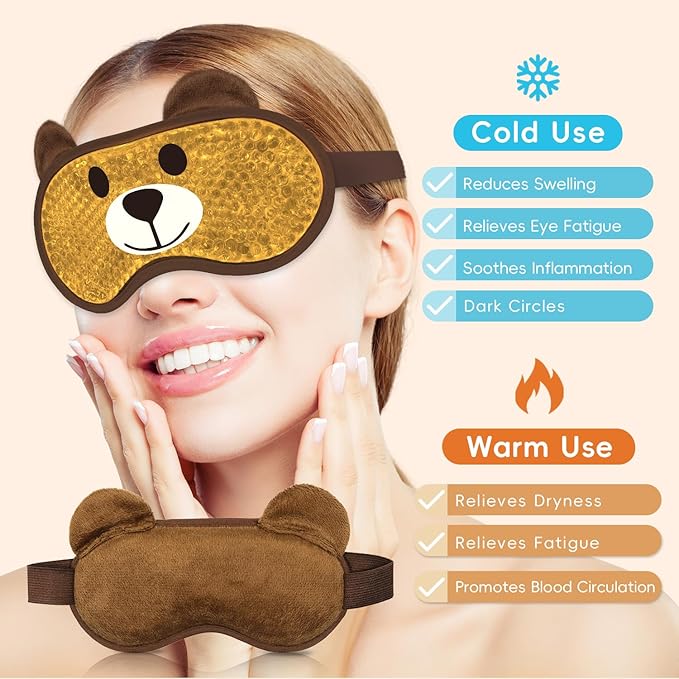 my novel things Cooling Eye Mask and Sleep Mask Eye Cover Girls Boys Birthday Cute Teens Woman, Cold Warm Eye Compress for Dry Eyes Spa at Home Travel Plush Blindfold Sleeping Unicorn Bear Cat Brown