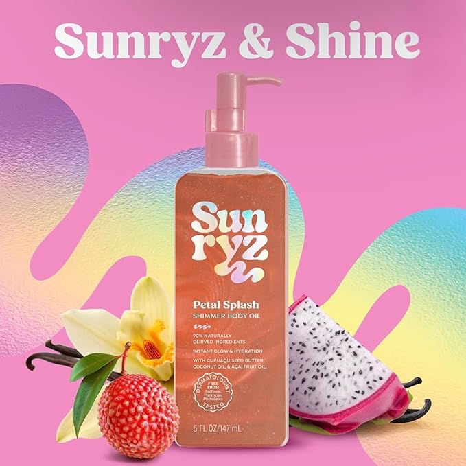 PDC Brands Sunryz Petal Splash Shimmer Body Oil and Fragrance Mist Duo Set, with Cupuaçu Seed Butter, Coconut Oil, and Açaí Fruit Oil, 2 Piece